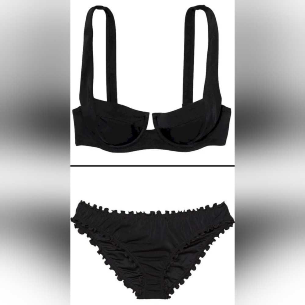 32DD/S VS Swim Full Coverage Bikini Top Ruffle Cheeky Bikini Set Black Tropical